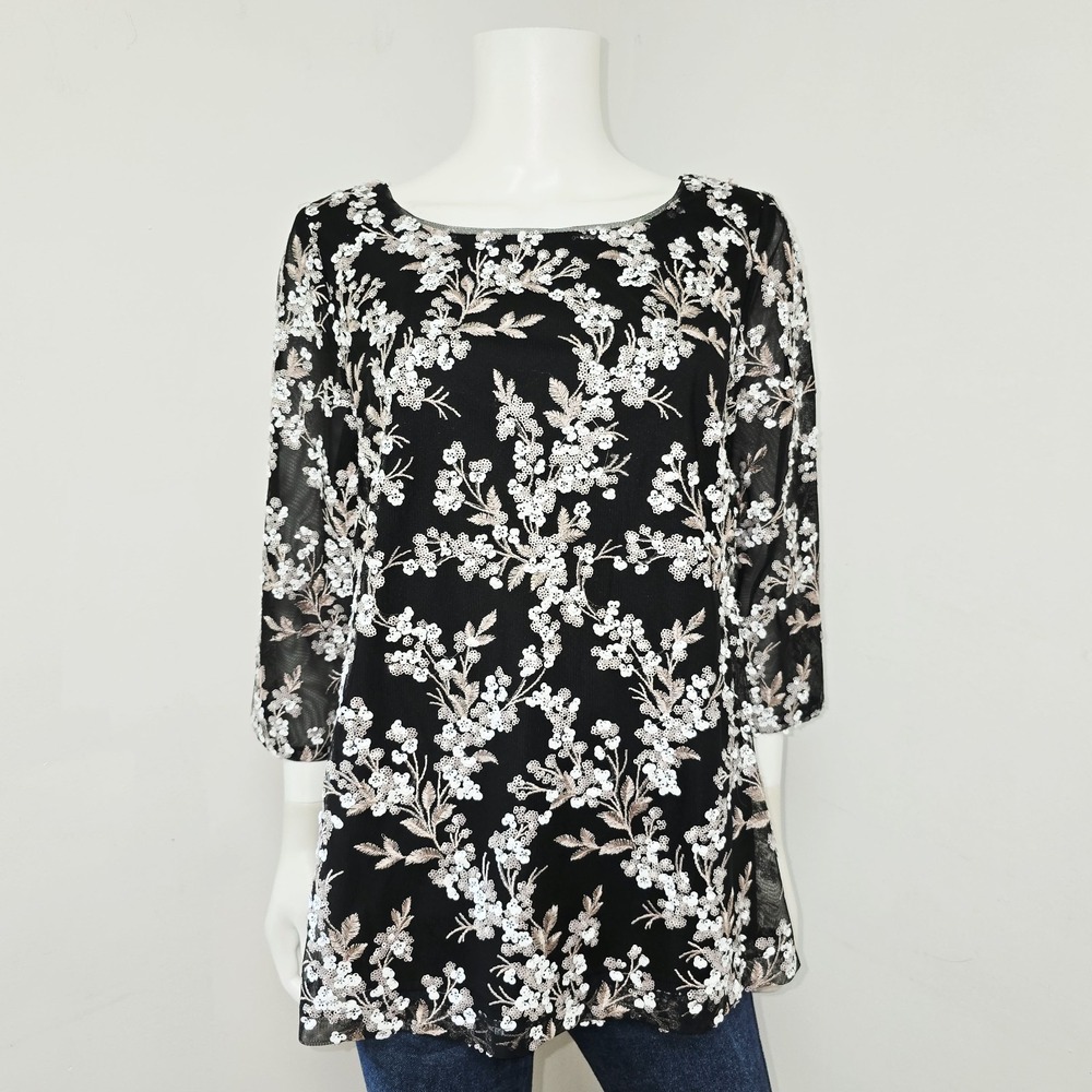 Alex Evenings Cocktail Top Blouse Size L Sequins Mesh Lined Embroidered Floral